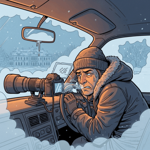 Comic-style illustration of a disheveled spy sitting inside a frosted car on a snowy day. The agent, bundled in a winter coat and hat, is surrounded by condensation-covered windows, holding binoculars with a camera equipped with a long telephoto lens on the dashboard. In the blurry background, a large villa can be seen through the snow. The image uses warm, earthy tones for a humorous and cozy stakeout scene.