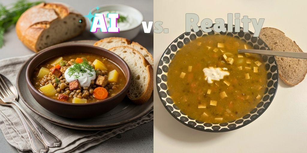 Side-by-side comparison of a food dish labeled 'AI vs. Reality.' On the left, a professionally styled photo with a rustic bowl of lentil soup, topped with vegan cream and fresh dill, surrounded by carrots, potatoes, smoked tofu, and sliced bread. On the right, a candid photo of homemade lentil soup in a patterned bowl, with a dollop of vegan cream and a slice of bread, on a plain white background.