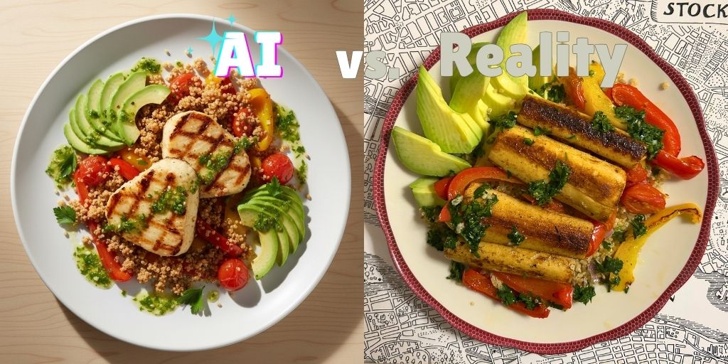 Side-by-side comparison labeled "AI vs Reality" showing two plated dishes: left side shows an AI-generated image of grilled hearts of palm with quinoa, cherry tomatoes, and sliced avocado on a white plate; right side shows the actual cooked dish with golden-brown grilled hearts of palm steaks, toasted quinoa farofa, roasted bell peppers, cherry tomatoes, and sliced avocado on a decorative plate with red trim, demonstrating how the real recipe turned out compared to the AI visualization.​