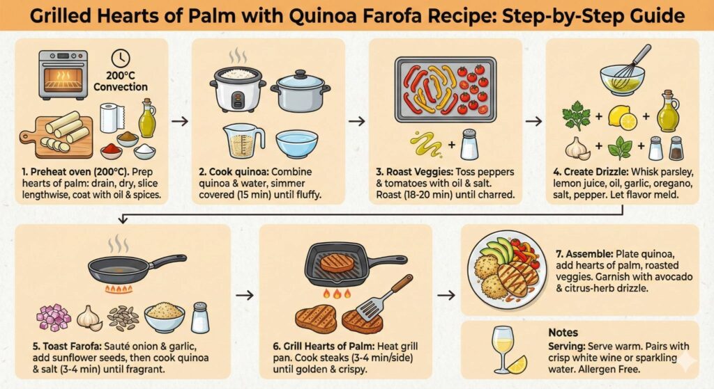 Step-by-step visual guide for making Grilled Hearts of Palm with Quinoa Farofa Recipe, showing 7 illustrated steps: (1) Preheat oven to 200°C convection, prep and slice hearts of palm, coat with oil and spices; (2) Cook quinoa by combining with water and simmering covered for 15 minutes until fluffy; (3) Roast bell peppers and cherry tomatoes with oil and salt for 18-20 minutes until charred; (4) Create citrus-herb drizzle by whisking parsley, lemon juice, oil, garlic, oregano, salt and pepper; (5) Toast farofa by sautéing onion and garlic, adding sunflower seeds, then cooking quinoa with salt for 3-4 minutes until fragrant; (6) Grill hearts of palm steaks on hot grill pan for 3-4 minutes per side until golden and crispy; (7) Assemble by plating quinoa, hearts of palm, roasted veggies, and garnishing with avocado and citrus-herb drizzle. Includes serving notes recommending crisp white wine or sparkling water, and allergen-free designation.​