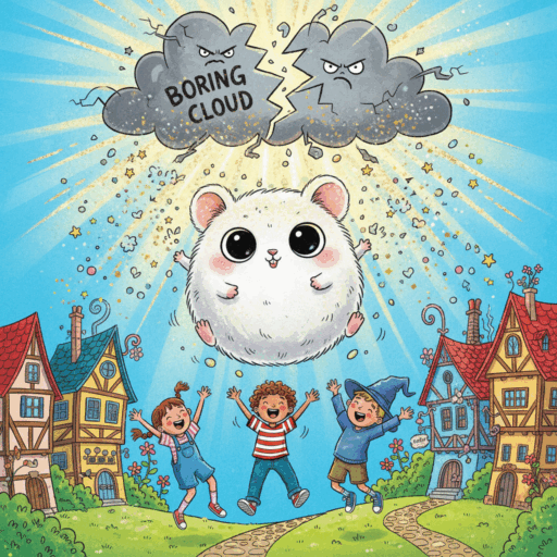 A whimsical children's book illustration depicting a triumphant scene. A cute, round, fluffy white creature with large, expressive eyes floats joyfully in the air, radiating golden sparkles. Above, a large, gray, angry-faced cloud labeled "BORING CLOUD" is breaking apart. Below, three children jump for joy in a colorful, quirky village.