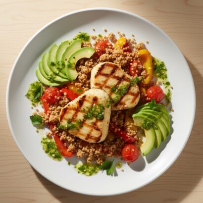 Overhead view of Brazilian Grilled Hearts of Palm on a white ceramic plate, featuring golden-grilled hearts of palm steaks, toasted quinoa farofa, roasted red and yellow bell peppers, halved cherry tomatoes, sliced avocado, and a vibrant green parsley citrus-herb drizzle, captured in natural lighting.