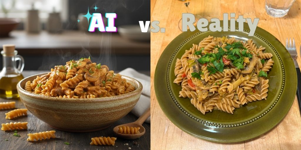 A side-by-side comparison image labeled "AI vs. Reality" contrasting two photos of Hungarian mushroom paprikash. On the left, the "AI" image is a professionally styled food photograph showing the dish in a rustic bowl with steam rising, set against a dark, moody background. On the right, the "Reality" image shows the home-cooked version of the dish served on a green plate in a brightly lit, everyday setting