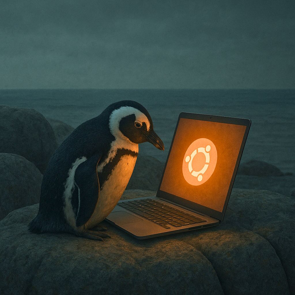 A solitary African penguin standing beside an open laptop on weathered granite rocks at a deserted beach. The laptop screen glows with an orange Ubuntu logo, casting warm light in the desolate coastal landscape. Empty ocean stretches to the horizon under an overcast sky, creating a melancholic, post-apocalyptic atmosphere. The penguin appears to be the last of its kind, seeking connection with the abandoned technology.