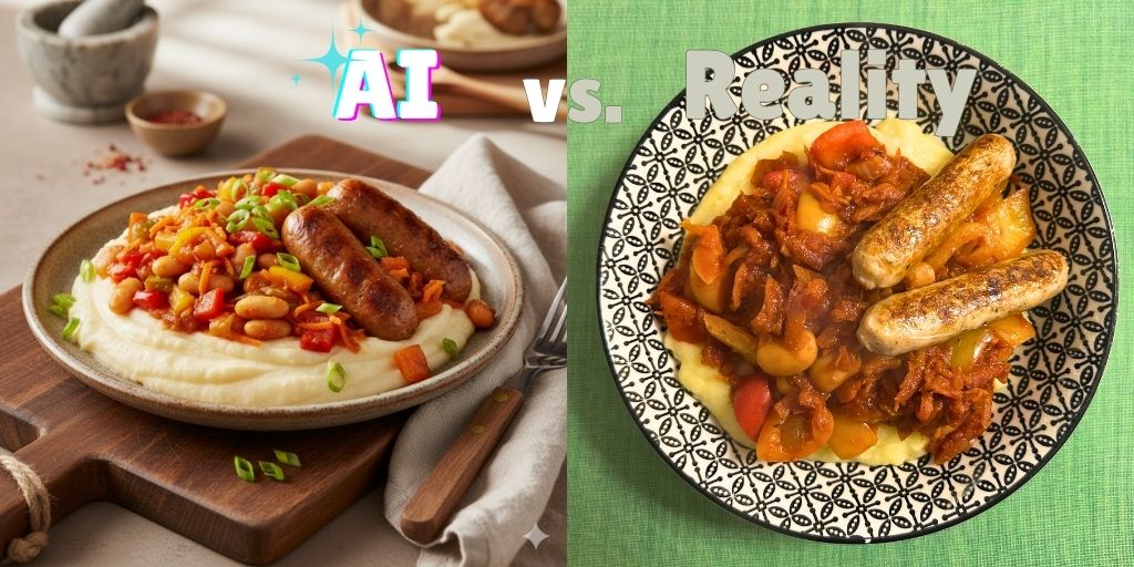 Side-by-side comparison image labeled "AI vs. Reality" showing two plated versions of Spicy South African Chakalaka with Creamy Maize Pap and Vegan Sausages. The left plate, marked "AI" with sparkle graphics, displays a professionally styled dish with white pap, colorful bean and vegetable chakalaka with visible red and yellow peppers, two browned vegan sausages, and green onion garnish on an earth-toned ceramic plate. The right plate, marked "Reality" on a bright green background, shows the home-cooked version on a decorative black and white patterned plate with similar components: creamy yellow pap, rustic chakalaka with bell peppers and beans, and golden-brown sausages arranged more casually.