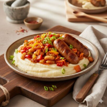 A close-up shot of "Spicy South African Chakalaka with Creamy Maize Pap and Vegan Sausages" served on a rustic brown ceramic plate. The dish features a smooth base of creamy white maize porridge (pap), topped generously with a colorful relish of white beans, diced red peppers, and carrots (chakalaka). Two browned vegan sausages rest on top, garnished with fresh sliced green onions. The plate sits on a wooden cutting board next to a beige linen napkin and a fork, with a mortar and pestle and small spice bowl in the softly lit background.