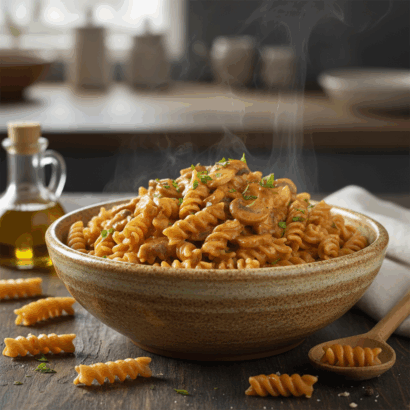 A rustic ceramic bowl filled with creamy Hungarian mushroom paprikash served over whole wheat fusilli pasta, garnished with fresh parsley, photographed from above on a wooden table.