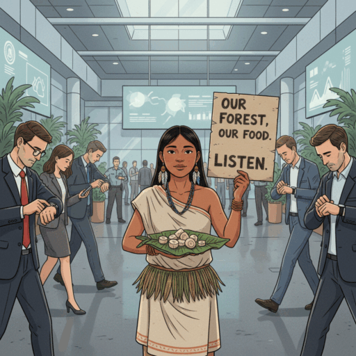 Illustration of an indigenous woman in traditional Amazonian clothing standing at a climate conference pavilion, holding a handmade poster and offering plates of hearts of palm samples to delegates. Multiple Western business people in suits rush past her without stopping, focused on their phones and watches, symbolizing disconnection between indigenous climate solutions and political action at COP30.