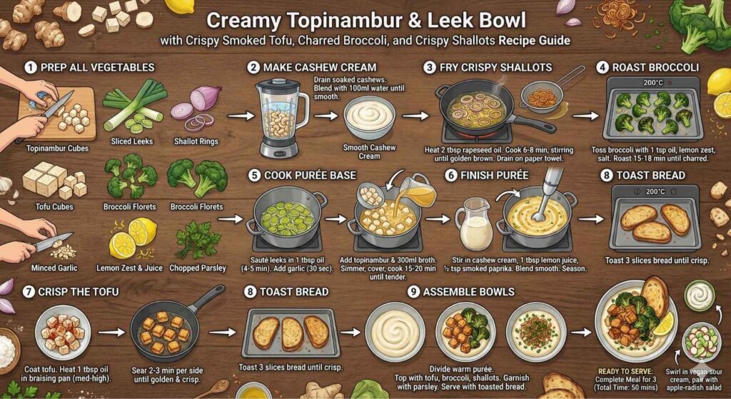 Step-by-step illustrated recipe guide for Creamy Topinambur and Leek Bowl with Crispy Smoked Tofu, Charred Broccoli, and Crispy Shallots, displayed on a rustic wooden background with ingredient illustrations: nine numbered steps showing (1) prep all vegetables including topinambur cubes, sliced leeks, shallot rings, tofu cubes, broccoli florets, minced garlic, lemon zest and juice, and chopped parsley; (2) blend soaked cashews with water to make smooth cashew cream in a blender; (3) fry paper-thin shallot rings in oil until golden and crispy; (4) roast broccoli florets at 200°C with oil, lemon zest and salt for 15-18 minutes until charred; (5) sauté leeks and garlic, add topinambur cubes and vegetable broth, simmer covered for 15-20 minutes; (6) blend the cooked vegetables with cashew cream, lemon juice and smoked paprika until smooth; (7) coat tofu cubes in cornstarch and smoked paprika, sear in oil until golden and crispy; (8) toast bread slices until crisp; (9) assemble bowls with warm purée, top with crispy tofu, charred broccoli and crispy shallots, garnish with parsley, serve with toasted bread, noted as complete meal for 3 people with total time 50 minutes, includes side suggestions of vegan sour cream swirl and apple-radish salad.
