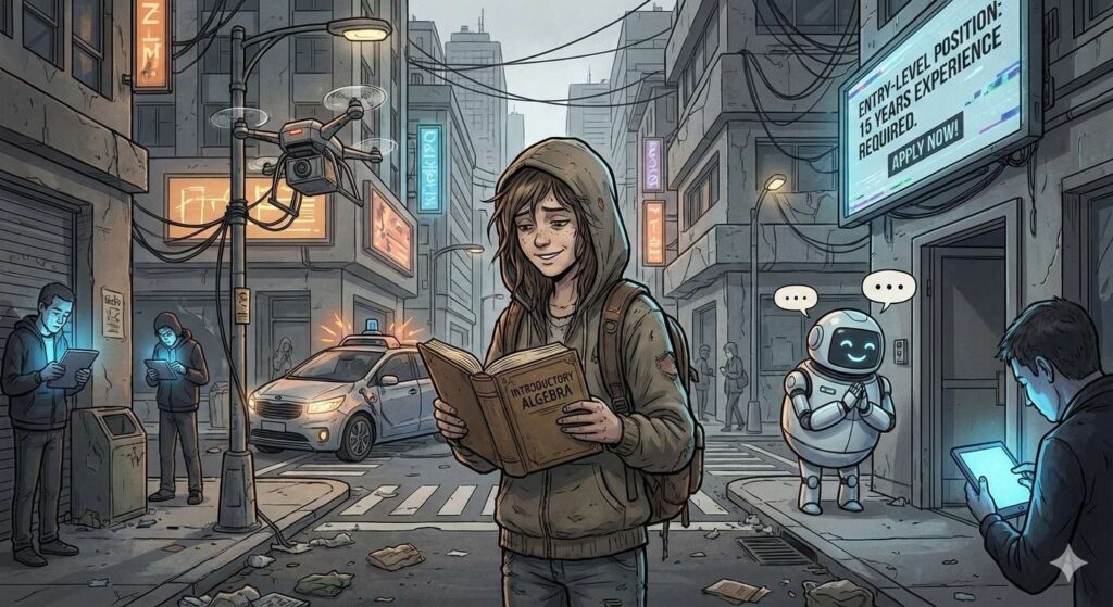 A satirical, graphic-novel style illustration showing a teenage girl in a hoodie standing in a chaotic, near-future city street, looking relieved while reading an old physical textbook. She is surrounded by malfunctioning technology: a delivery drone is crashed into a lamppost, a cheerful white robot is waving at an empty doorway, and a digital billboard displays the text "Entry-level position: 15 years experience required." In the background, other citizens stare blankly into glowing blue screens, oblivious to the technological breakdown around them.
