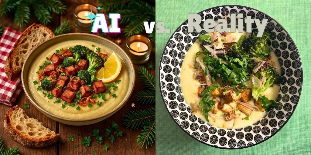 Side-by-side comparison image labeled "AI vs. Reality" showing the topinambur bowl recipe: on the left, an AI-generated food photograph featuring a golden bowl with creamy purée topped with perfectly arranged crispy tofu cubes, charred broccoli, and parsley garnish, accompanied by rustic sourdough slices, a lemon wedge, and festive Christmas decorations including red-and-white checkered napkin, evergreen branches, and glowing candles on a wooden table; on the right, the actual homemade dish plated on a black-and-white patterned bowl against a light green background, showing the creamy topinambur purée topped with charred broccoli florets, crispy shallots, and golden tofu pieces with visible parsley garnish.