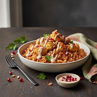 A professional food photograph showing a rustic ceramic bowl filled with Turkish-style roasted cauliflower piled atop a bed of reddish-brown lentil and rice pilaf. The dish is artfully drizzled with creamy tahini sauce and garnished with bright red pomegranate seeds, toasted pine nuts, and fresh green parsley leaves. A black fork rests to the left, and a folded earth-toned linen napkin sits to the right on a dark wooden table, creating a cozy, high-end aesthetic.