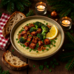 A creamy bowl of topinambur and leek purée topped with golden crispy tofu cubes, charred broccoli florets, and crispy fried shallots, garnished with fresh parsley and served with rustic sourdough bread on a wooden table with festive Christmas decorations including red-and-white checkered napkins, evergreen branches, and soft candlelight
