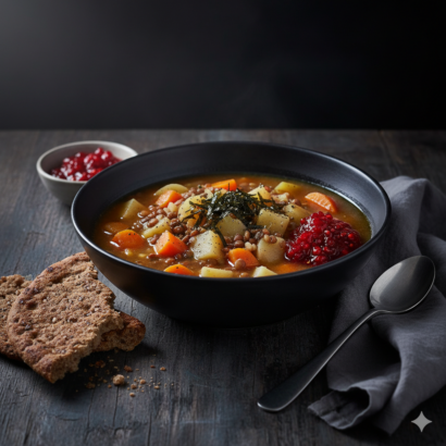 A professional food photograph of a hearty vegan Arctic stew served in a black ceramic bowl on a dark wooden table. The stew features chunks of potato, carrots, and lentils in a rich broth, garnished with seaweed flakes and a spoonful of bright red berry relish. Beside the bowl is a piece of rustic rye flatbread and a metal spoon resting on a grey linen napkin.