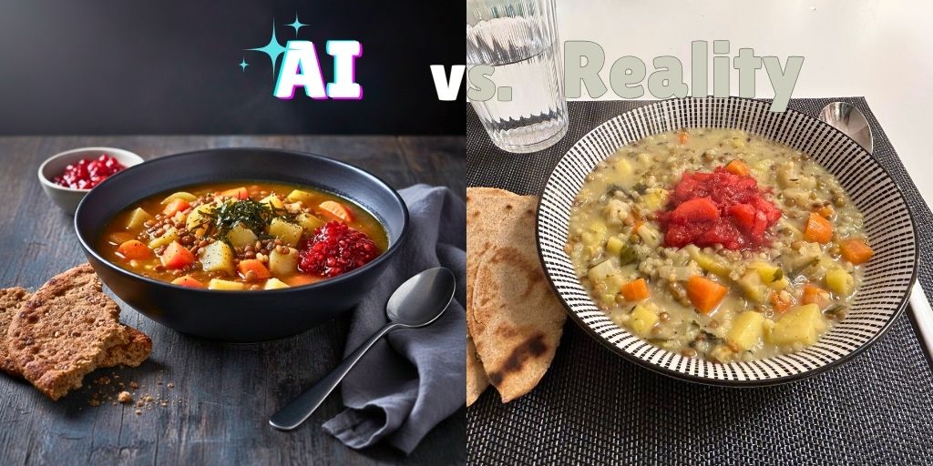 A side-by-side comparison image labeled "AI vs. Reality." On the left, a polished AI-generated food photo shows a deep black bowl filled with a rich, dark amber stew containing distinct vegetable cubes, garnished with seaweed and a neat dollop of bright red relish, accompanied by rustic dark flatbread on a moody wooden table. On the right, a "Reality" photo shows a shallower, patterned white-and-black bowl containing a lighter, creamier-looking stew with visible carrots and potatoes, topped with a looser spoonful of red relish, served with lighter-colored flatbread on a woven placemat next to a glass of water.