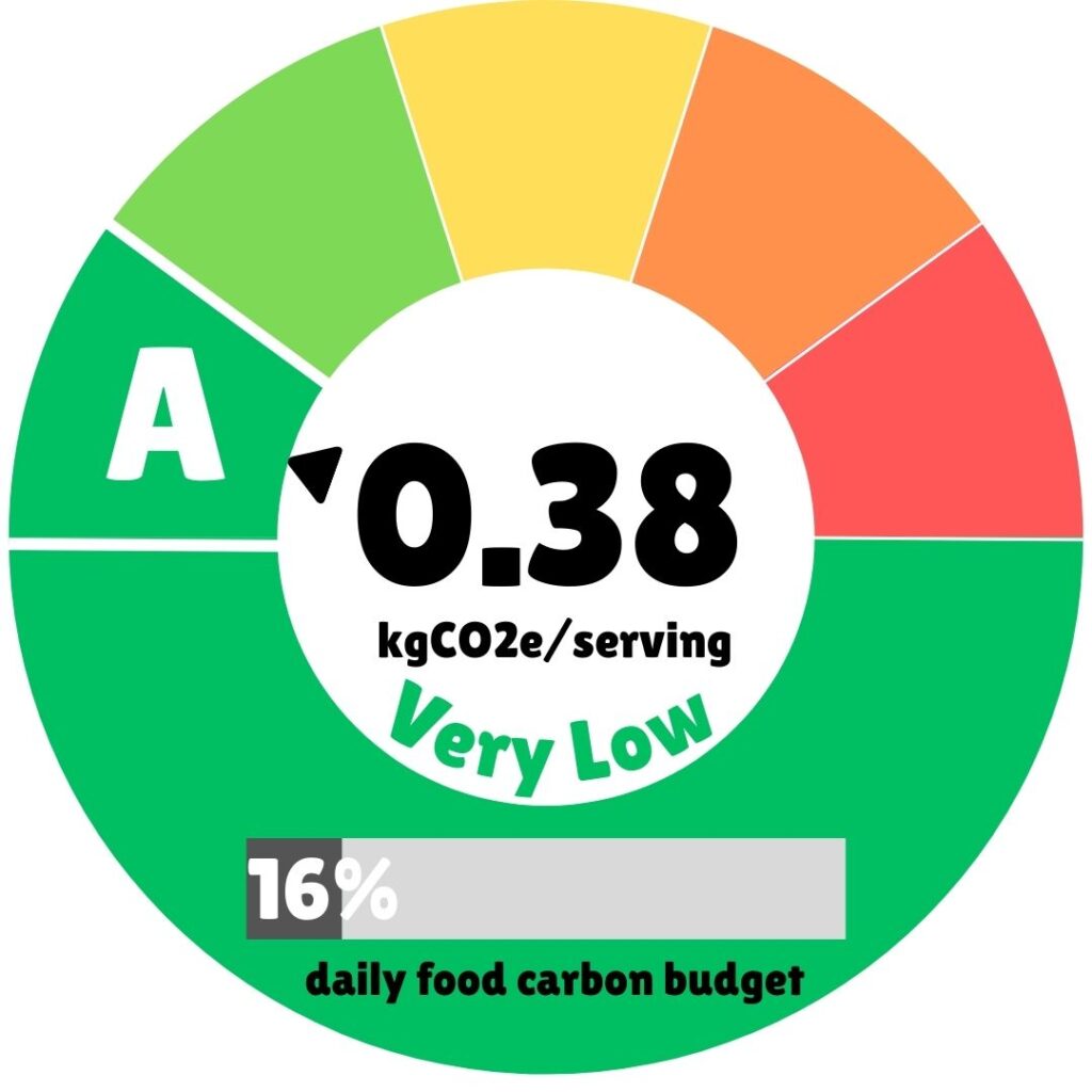 A carbon footprint rating label showing a "Very Low" impact score of 0.38 kgCO2e per serving. The rating is visualized on a semi-circular color scale with a needle pointing to the dark green "A" section, the best possible rating. A progress bar at the bottom indicates that this serving consumes only 16% of the recommended daily food carbon budget.