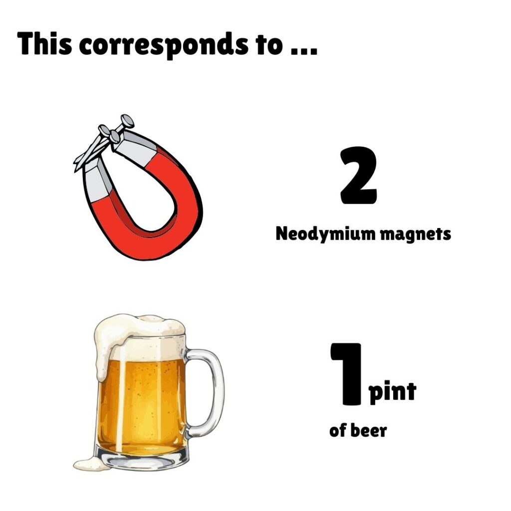 An infographic titled "This corresponds to ..." comparing the carbon footprint of the meal to everyday objects. It shows an illustration of a U-shaped magnet with the text "2 Neodymium magnets" next to it, and below that, an illustration of a frothy glass beer mug with the text "1 pint of beer" next to it.