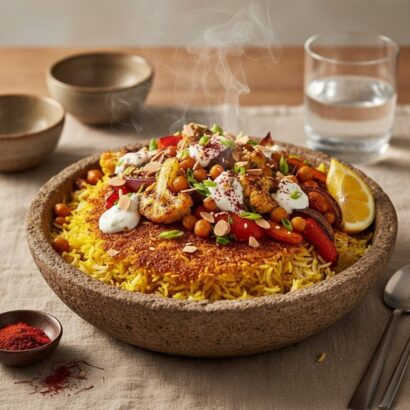 A high-end editorial food photograph of a modern Persian saffron rice dish called a "Golden Freedom Bowl." The image is shot from a 45-degree angle with a shallow depth of field, set on a neutral linen tablecloth. In a rustic ceramic bowl, vibrant golden, crusty saffron basmati rice tahdig forms the base, with steam gently rising from it. Generously arranged over the rice are colorful roasted vegetables: golden-brown cauliflower florets, red bell pepper chunks, roasted carrots, caramelized onion wedges, and crispy chickpeas. Dollops of creamy white herbed yogurt sauce are drizzled over the vegetables. The dish is garnished with toasted slivered almonds, fresh green spring onion slices, and a sprinkle of deep red sumac powder. A fresh lemon wedge rests on the side of the bowl. In the background, slightly blurred, are additional rustic serving bowls, a glass of water, a small dish of sumac, and scattered saffron threads, contributing to a warm, inviting, and elegant Mediterranean/Middle Eastern aesthetic. The lighting mimics golden hour, emphasizing the saffron color, and the overall mood is sophisticated yet homey, with rich, saturated but natural colors.