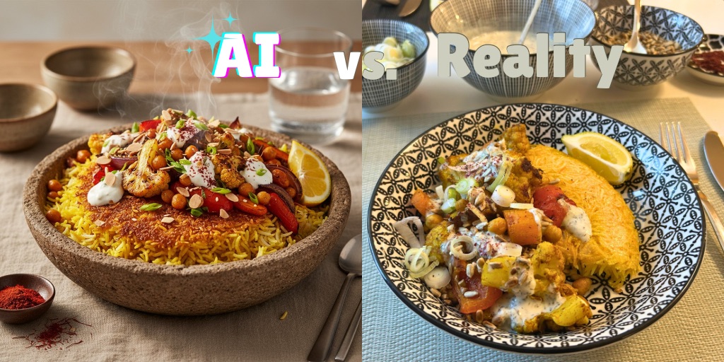 A side-by-side comparison titled 'AI vs. Reality'. On the left, an AI-generated image shows a stylized, perfect bowl of golden saffron rice topped with roasted vegetables and white sauce, labeled 'AI' with colorful, glitchy text. On the right, labeled 'Reality' in plain text, is a photo of the actual cooked dish in a patterned bowl, showing golden tahdig rice, roasted cauliflower and peppers, and creamy sauce, looking appetizing but more homemade and less perfectly staged than the AI version.