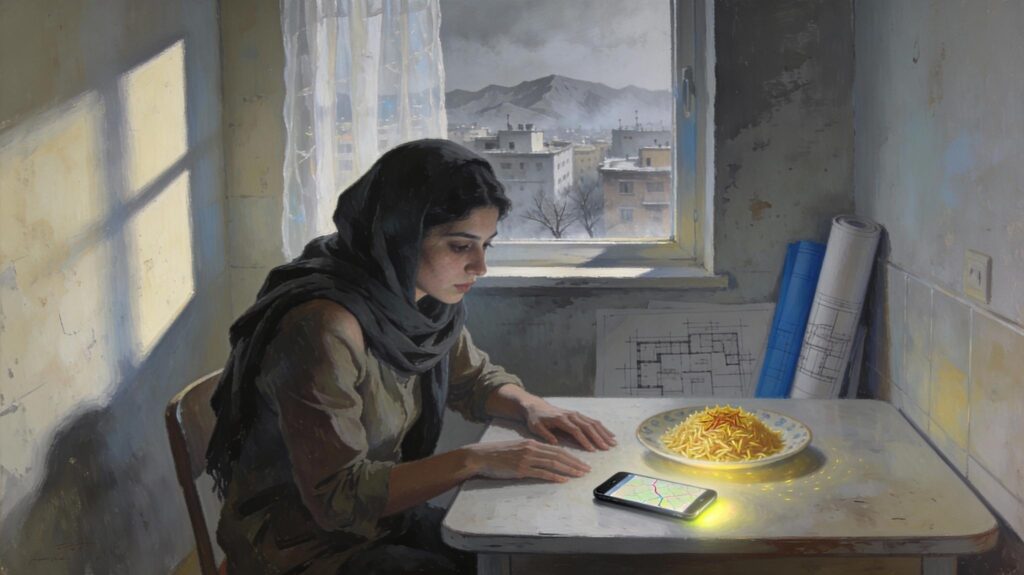 A somber illustration showing a young Iranian woman in a dark headscarf sitting hunched at a small kitchen table in a grey, cramped Tehran apartment. Cold afternoon light filters through thin curtains behind her. On the table sits a plate of untouched golden saffron rice - the only vibrant color in the muted scene - and a glowing mobile phone displaying a location pin. Architectural sketches lean against the wall in the background. Her face is turned partially away in profile, expression distant and resigned, conveying psychological tension and foreboding through atmosphere and body language alone.