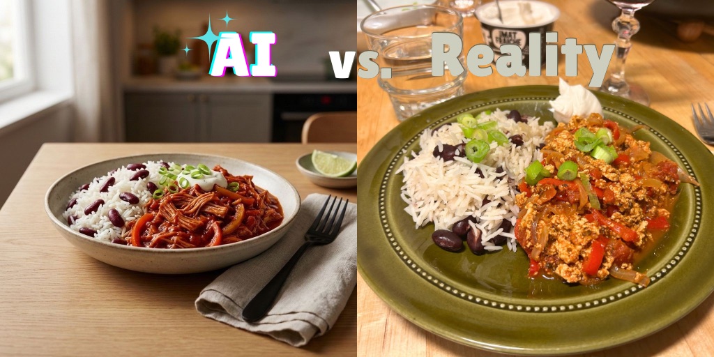 A side-by-side comparison image labeled "AI vs. Reality". The left side, labeled "AI" with sparkly graphics, shows the generated photorealistic image of Jackfruit Ropa Vieja: a perfect mound of white rice and beans next to deep red, glossy shredded jackfruit on a beige ceramic plate. The right side, labeled "Reality" in a bubble font, shows the actual home-cooked meal on a dark olive green plate. The real dish features loose long-grain rice with kidney beans and a crumbled tofu mixture in a lighter orange-red sauce, topped with chopped green onions and a dollop of cream, sitting on a wooden table with a water glass in the background.