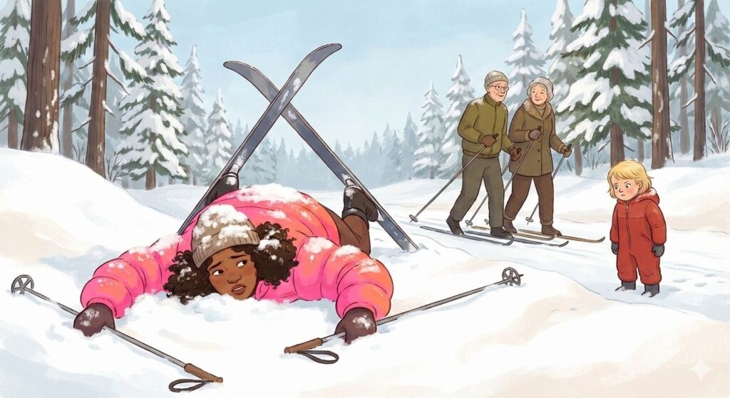Illustrated winter scene showing a woman with dark curly hair and brown skin in a bright pink puffer jacket lying face-down and sprawled in a snowbank in a Swedish pine forest. Her cross-country skis are crossed in an X-shape above her with poles scattered in the snow. Snow covers her hair and jacket. In the background, an elderly Swedish couple in olive and tan outdoor gear glides effortlessly past on skis. A small blonde child in a red snowsuit stands to the right, looking at the fallen woman with concern. Tall snow-covered pine trees fill the background under a pale winter sky. The illustration style is cartoonish yet realistic, conveying humorous self-deprecation mixed with the serene beauty of Nordic winter.