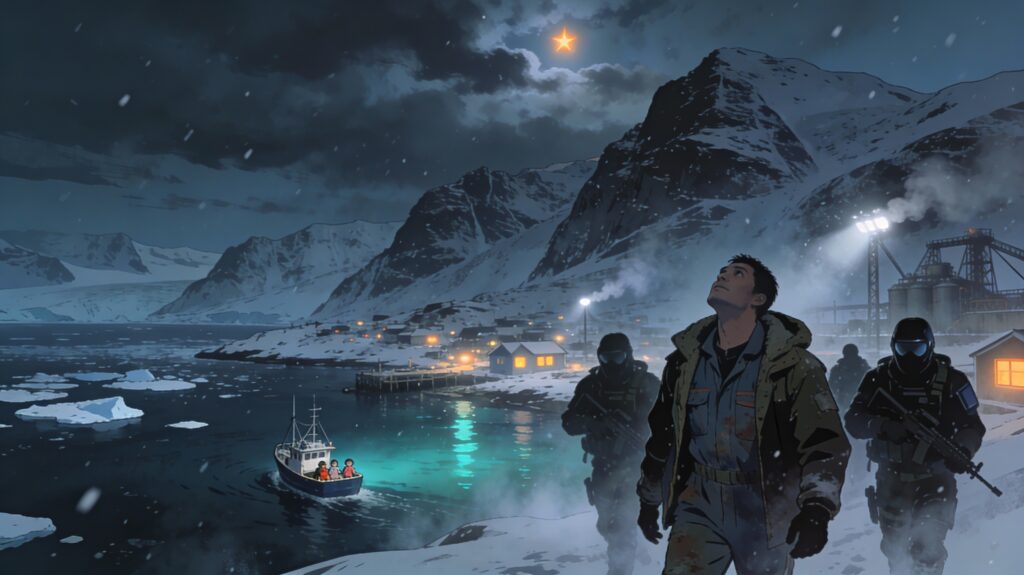 A digital illustration depicting a tense, cinematic winter scene in Narsaq, Greenland. In the foreground, a defiant man in a worn blue jumpsuit is being led away by two armed soldiers in dark tactical gear amidst swirling snow. He looks up at a single bright orange star in a dark, cloudy sky. In the background, a small fishing boat carrying passengers slips quietly away into a dark, icy fjord, contrasting with the cold floodlights of an industrial mining facility and the warm glow of small town windows nestled against snowy mountains.