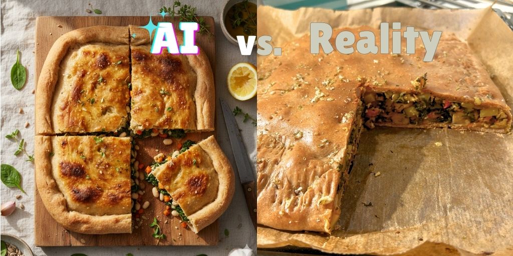 Side-by-side comparison labeled "AI vs. Reality" showing a Croatian Soparnik savory pie. Left side: AI-generated professional food photography showing a perfectly golden rectangular flatbread pie on a wooden cutting board, cut into four neat portions with one slice pulled away to reveal vibrant green spinach, white beans, and colorful vegetable filling. The styling includes fresh herbs, a halved lemon, a small bowl, and pristine presentation on a white linen backdrop. Right side: The actual homemade version on parchment paper, showing a more rustic rectangular whole wheat flatbread with a darker, oil-brushed crust and visible herbs on top. One quarter is cut away revealing the real filling of spinach, beans, and vegetables with a denser, more compact appearance. The crust appears thicker and less uniform than the AI version, with a more authentic homemade character. The contrast humorously highlights the difference between idealized food photography and real home cooking results.
