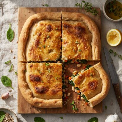 Professional overhead food photography of a Croatian Soparnik savory flatbread pie on a rustic wooden cutting board. The rectangular pie has a golden-brown, slightly blistered crust with visible char marks and an oily sheen, sprinkled with fresh green herbs. The pie is cut into four portions, with one slice pulled away to reveal the cross-section of the hearty filling—layers of dark green wilted spinach, creamy white beans, orange carrots, and red bell peppers visible inside. The hand-rolled whole wheat crust has a thick, rustic edge forming a border around the filling. Surrounding the cutting board on a light cream linen tablecloth are styling elements: fresh spinach leaves scattered to the left and bottom, a halved lemon and lemon half on the right, a small ceramic bowl of olive oil with herb sprigs in the top right corner, whole garlic cloves near the bottom left, a small bowl of white beans in the bottom left, and a vintage kitchen knife resting on the right side of the board. Natural window lighting from the left creates warm highlights on the golden crust and soft shadows. The composition is shot from directly above at 90 degrees, emphasizing the rustic Mediterranean aesthetic with earthy tones of golden brown, deep green, cream, and orange.