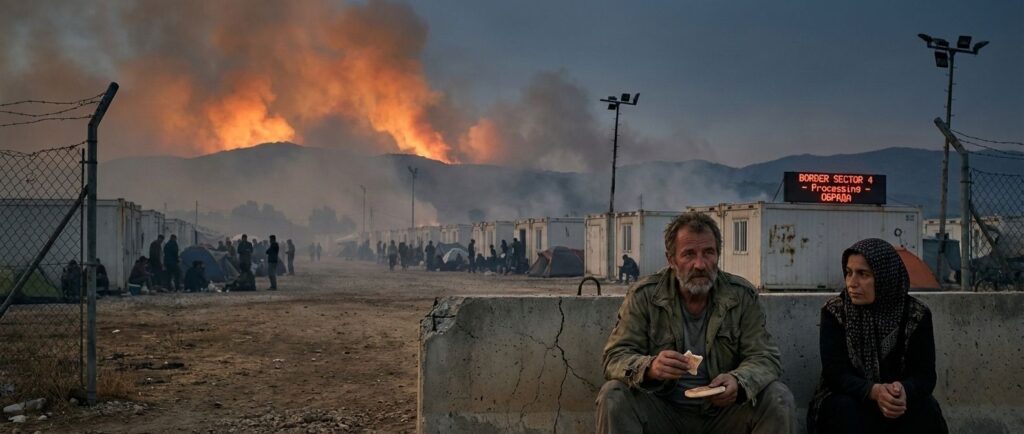 A photorealistic dystopian scene at dusk showing a refugee processing camp threatened by wildfire. In the foreground, a weathered middle-aged man in a military-style jacket sits against a cracked concrete barricade holding flatbread, with a woman in a dark headscarf beside him. Behind them, rows of white prefabricated container buildings stretch into the distance, separated by chain-link fencing with barbed wire. Silhouettes of thousands of refugees fill the dusty pathways between structures. A digital sign reads "BORDER SECTOR 4 - Processing - ОСРАЊА" in red text. Dead floodlight poles stand powerless. In the background, massive plumes of orange fire and gray smoke engulf mountain ridges, creating an ominous glow against the darkening blue-gray sky. The atmosphere is hazy with smoke, and the parched ground reflects the scene's desolation. The lighting contrasts warm firelight with cool twilight, emphasizing the scale of human displacement and the approaching environmental catastrophe.