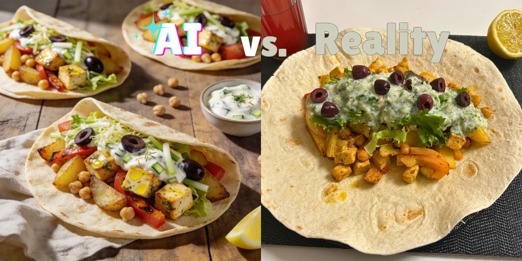 Side-by-side comparison image labelled "AI vs. Reality." On the left, a professional AI-generated food photograph shows two Greek-inspired vegan sheet-pan tofu gyro tacos on soft wheat tortillas, filled with golden roasted potato wedges, chickpeas, tofu cubes, red bell pepper, and tomatoes, topped with creamy tzatziki sauce, shredded lettuce, sliced spring onions, and kalamata olives. The setting is a warm, rustic wooden surface with a small bowl of tzatziki and a lemon wedge as props. On the right, a real photograph of the home-cooked version shows the same dish served open-faced on a large Dürüm-style wheat wrap, topped with roasted potato chunks, chickpeas, golden tofu pieces, lettuce, kalamata olives, and a generous drizzle of herb-flecked green tzatziki. The real version is slightly less styled but appetising, with the filling spread openly across the wrap rather than folded.