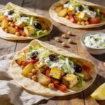 Three Greek-inspired vegan sheet-pan tofu gyro tacos arranged on a rustic wooden table, shot in warm natural side light. Each soft wheat tortilla is filled with golden-brown roasted potato wedges, crispy chickpeas, cubed herb-marinated tofu, and strips of roasted red bell pepper. The filling is topped with a generous drizzle of creamy white tzatziki sauce, shredded green lettuce, sliced spring onions, and two whole kalamata olives. A small ceramic bowl of tzatziki garnished with fresh dill and cucumber sits in the background to the right. Loose chickpeas are scattered on the table surface. A lemon wedge is visible in the lower right corner. A linen napkin is draped beneath the foreground taco. Shallow depth of field, with the front taco in sharp focus and the two background tacos softly blurred.