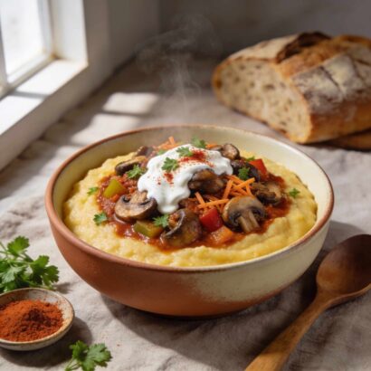 Romanian-inspired smoky mushroom and polenta bowl served in a rustic ceramic bowl with terracotta rim. Creamy golden polenta forms the base, topped with a rich mushroom stew featuring sliced brown mushrooms, diced bell peppers, and grated carrots in a paprika-tomato sauce. A generous dollop of white vegan sour cream is drizzled on top, garnished with fresh parsley and a dusting of red paprika. The bowl sits on a textured linen tablecloth near a window with natural light. Props include a rustic sourdough bread loaf, a small dish of paprika powder, fresh parsley sprigs, and a wooden spoon. Steam rises from the hot dish, creating a warm and inviting atmosphere.