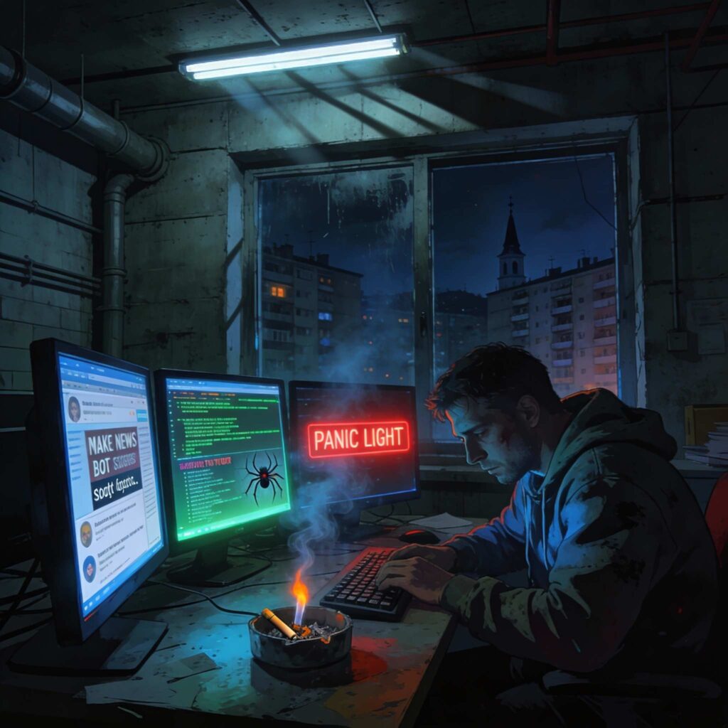 A dystopian cyberpunk illustration showing a weary man in a hoodie hunched over a cluttered desk in a dimly lit industrial warehouse office in Cluj-Napoca. Three computer monitors glow with cold blue light, displaying fake news bot interfaces, code with spider graphics, and a red "PANIC LIGHT" alert. A cigarette burns in an overflowing ashtray as smoke drifts through the air. Through a grimy window behind him, Soviet-era apartment blocks and a church spire are visible against a dark blue night sky. The scene is illuminated by harsh fluorescent lighting and colored monitor glows in steel blues, greens, and reds, creating a morally ambiguous atmosphere of digital manipulation and isolation.