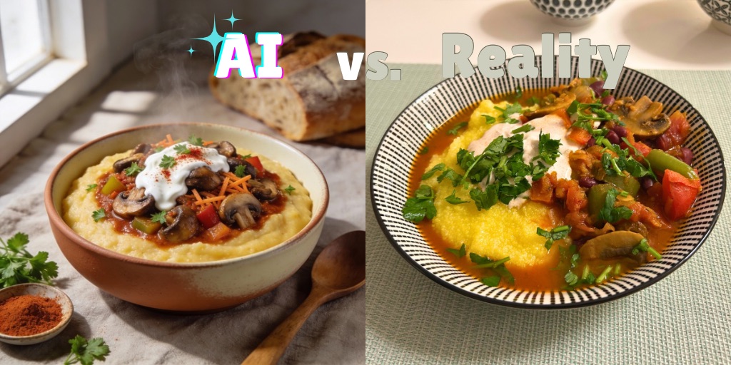 Split-screen comparison image titled "AI vs. Reality" showing Romanian-inspired smoky mushroom and polenta bowl. Left side shows an AI-generated professional food photograph with perfect styling in a rustic terracotta bowl on a linen tablecloth with sourdough bread, paprika dish, and wooden spoon. Right side shows the actual home-cooked version in a modern black-and-white striped bowl on a light green tablecloth, featuring creamy yellow polenta topped with colorful mushroom stew with visible bell peppers, mushrooms, white vegan sour cream, and fresh parsley garnish. The comparison highlights the difference between idealized AI food photography and real-world cooking results.