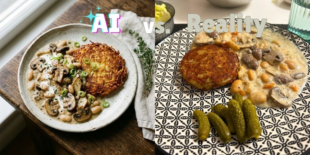A split image comparing an AI-generated food photograph on the left with the actual home-cooked result on the right, labelled "AI vs. Reality." The left side shows a polished, professional-style photo of a creamy mushroom and white bean ragout topped with a golden crispy Rösti, garnished with spring onion rings and fresh thyme, served on a speckled ceramic plate with a white linen napkin. The right side shows the real home-cooked version of the same dish: an equally hearty portion of creamy mushroom ragout with a browned Rösti, served on a patterned black-and-white plate with a side of pickled gherkins, with a glass of water visible in the background. Both dishes are clearly recognisable as the same recipe.