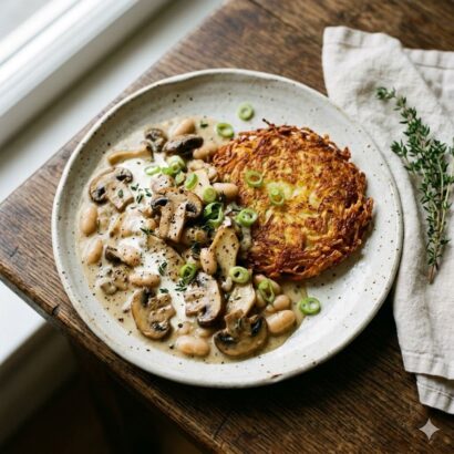 A top-down, 45-degree angle shot of a rustic, speckled ceramic plate on a dark, weathered wooden table. The plate features a golden-brown, crispy potato rösti with lacy edges and a creamy mushroom and white bean ragout. The ragout contains sliced brown champignons and king oyster mushrooms in a velvety, pale sauce, garnished with fresh thyme and scattered green spring onion rings. To the right of the plate, a folded off-white linen napkin sits with a small sprig of fresh thyme. Soft, natural light from the left creates gentle shadows, highlighting the textures of the food in a clean, editorial style.
