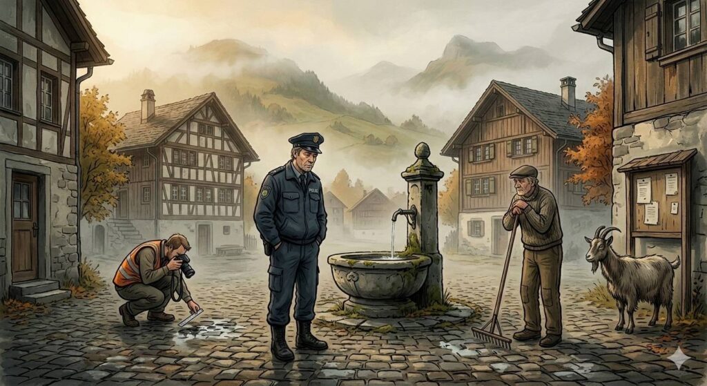 A moody graphic illustration of a misty Swiss Alpine village square in autumn. At the centre, a stocky police officer in a dark blue uniform stands by an old stone fountain, hands in pockets, gazing downward with an expression of quiet resignation. To his left, a man in an orange hi-vis vest crouches on the cobblestones, photographing them intently with a camera. To his right, an elderly farmer leans on a rake, watching. Near a village noticeboard, a calm white goat stands undisturbed. Traditional half-timbered and wooden farmhouses line the square; forested mountains rise into low fog in the background. Autumn leaves add amber warmth to an otherwise grey, contemplative scene.