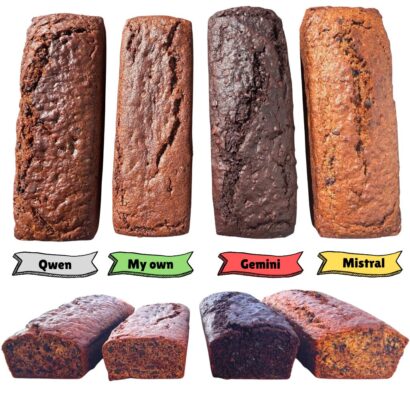 A composite image comparing four vegan banana bread loaves on a white background. The top row shows the full loaves from above, side by side: Qwen (dark brown with chocolate chips, labelled in grey), My own (medium golden brown, labelled in green), Gemini (very dark, almost black from cocoa, labelled in red), and Mistral (warm golden brown with visible chocolate chips, labelled in yellow). The bottom row shows the same four loaves from a low side angle, highlighting their height and crust texture. Colourful banner-style labels with each model's name are displayed between the two rows.