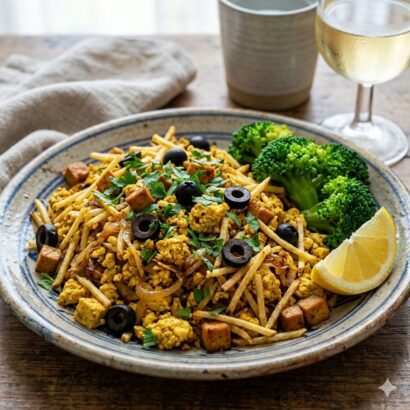 A close-up food photograph of a generous portion of plant-based Bacalhau à Brás served on a rustic, wide ceramic plate with a blue-grey rim. The golden-yellow dish combines crispy thin potato straws, crumbled turmeric-seasoned tofu, cubed smoked tofu, caramelized onions, and sliced black olives, all generously topped with fresh flat-leaf parsley. On the right side of the plate, two bright green steamed broccoli florets and a fresh lemon wedge complete the serving. In the soft-focus background, a folded linen napkin and a chilled glass of white wine rest on a warm wooden table.