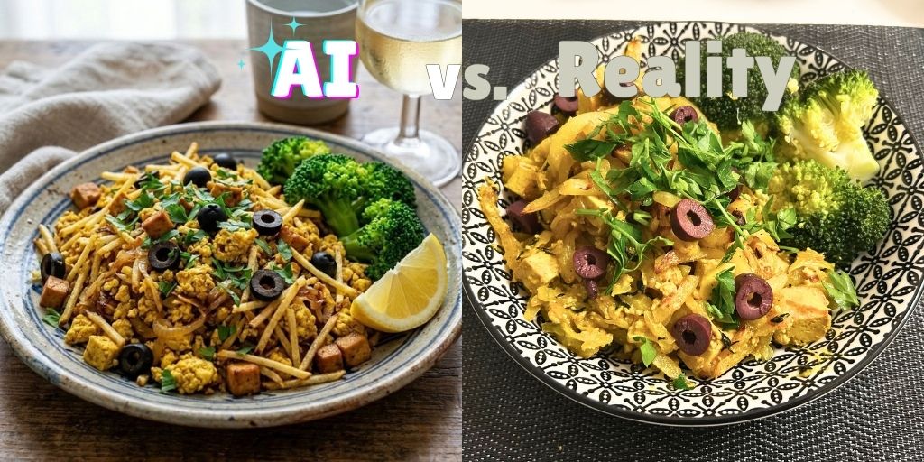 A side-by-side food photo comparison labelled "AI vs. Reality" in bold text. On the left, the AI-generated image shows a beautifully styled, golden-yellow plant-based Bacalhau à Brás served on a rustic ceramic plate: crispy thin potato straws, cubed smoked tofu, sliced black olives, crumbled yellow tofu, fresh parsley, and bright green broccoli florets, with a lemon wedge and a glass of white wine in the background. On the right, the real home-cooked version served in a decorative black-and-white patterned bowl: the same golden turmeric-yellow dish with visible caramelized onions, chunks of smoked tofu, sliced black olives, fresh parsley, and broccoli on the side. The real version looks slightly creamier and more rustic than the polished AI rendering, but unmistakably the same dish.