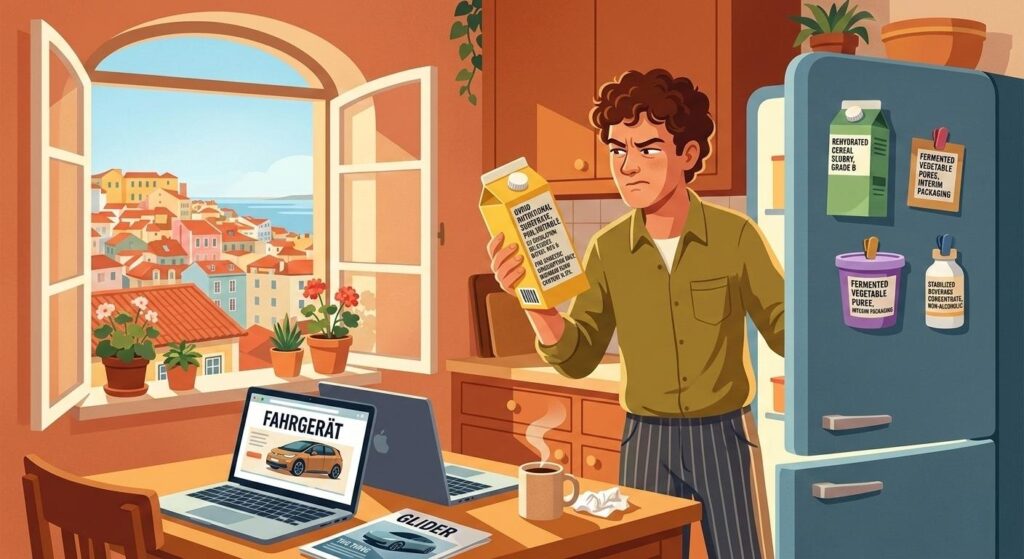 Editorial illustration in a warm, flat graphic style. A young curly-haired man stands in a terracotta-toned Lisbon kitchen, holding a yellow carton up to his face with a deeply suspicious squint. The carton reads "Ovoid Nutritional Substrate, Pan-Suitable" in dense, bureaucratic font. Behind him, a retro blue fridge is plastered with colourful food cartons bearing labels such as "Fermented Vegetable Puree, Interim Packaging" and "Stabilised Beverage Concentrate, Non-Alcoholic." On the kitchen table, an open laptop displays a car website advertising the "Fahrgerät," with a magazine nearby headlined "Glider" and "The Thing." A steaming coffee cup sits beside the laptop. Through a wide-open arched window, the iconic red rooftops and blue sea of Lisbon stretch out in warm morning sunlight.