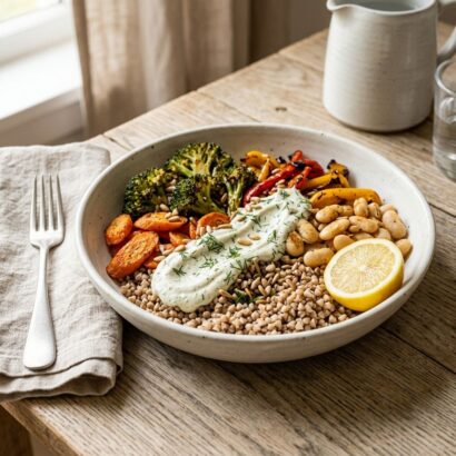 A styled editorial food photograph in square format. A wide, shallow off-white speckled stoneware bowl on a warm oak wooden surface holds the Baltic Bowl: a base of earthy buckwheat topped with roasted broccoli florets, golden-edged carrot rounds, charred yellow and red bell pepper strips, and plump white beans. A swoosh of pale creamy dill cashew sauce runs across the centre, garnished with fresh dill and toasted sunflower seeds. A halved lemon sits on the rim. A folded beige linen napkin and matte silver fork rest to the left. Soft natural light enters from the upper left, casting gentle warm shadows. Shallow depth of field blurs the white ceramic jug in the background.