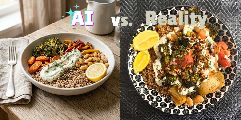 A square split-image with the text "AI vs. Reality" overlaid in bold playful font — "AI" in teal-pink gradient, "Reality" in grey. On the left, the AI-generated food photograph shows the Baltic Bowl in an elegant white stoneware bowl with perfectly arranged roasted vegetables, a neat swoosh of white dill cream, a halved lemon and sunflower seeds, shot at a 45-degree angle with professional lighting on a wooden table. On the right, a real overhead photograph of the home-cooked version served in a bold black-and-white polka-dot bowl on a dark surface. The real bowl shows roasted broccoli, carrots, tomatoes, white onion quarters, buckwheat and generous lemon wedges, with a rustic dill cream drizzle — messier, more generous, and just as appetising.