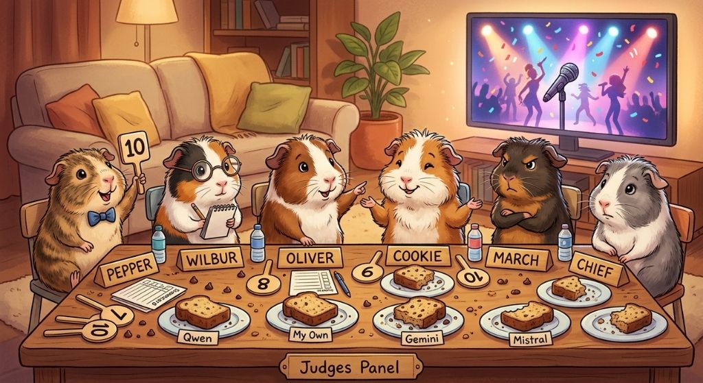 An illustrated judging panel of six guinea pigs sitting in a row behind a long desk in a cozy living room, evaluating four banana bread recipes in a food competition setting. Each guinea pig displays a distinct personality: the first raises a scorecard enthusiastically, the second wears tiny glasses and looks analytical, the third points emphatically at the human-made bread slice, the fourth shrugs happily surrounded by all four plates, the fifth crosses its arms and deliberately turns away from the AI bread plates, and the sixth looks mildly bored with only two plates in front of it. The desk is scattered with scoring paddles, chocolate chips, and crumbs, with four labelled bread plates reading Qwen, My own, Gemini, and Mistral. In the background, a large TV displays a colourful music show in a warmly lit living room.
