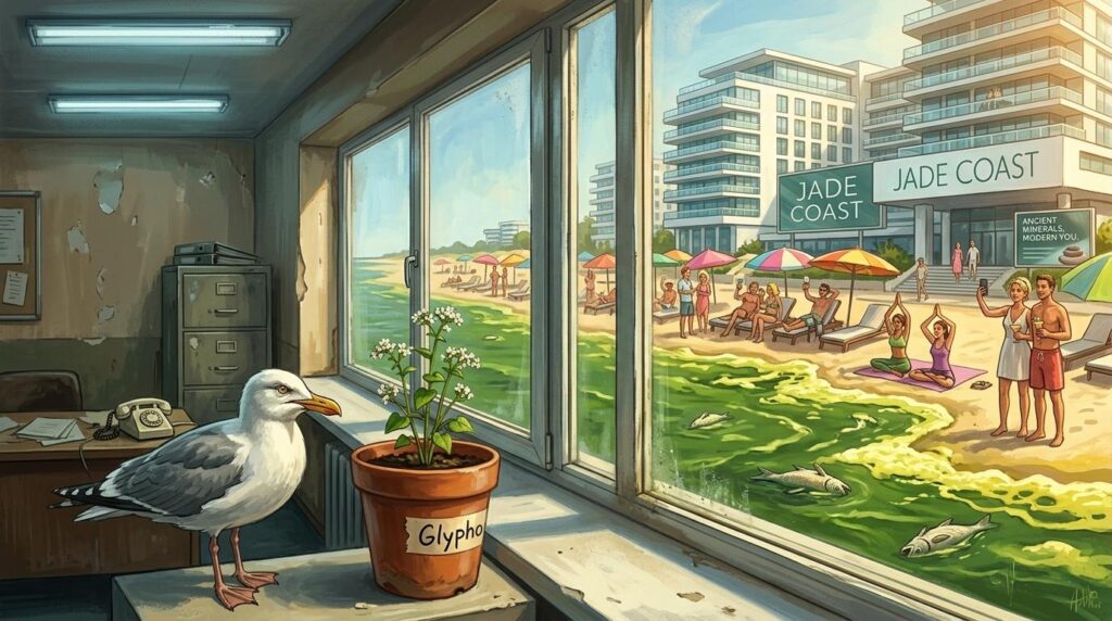 A darkly comic illustration viewed from inside a crumbling, fluorescent-lit government office in Klaipėda. In the foreground, a large herring gull perches on the windowsill, staring intently at a small potted buckwheat plant labelled "Glypho," which is in full white flower. Behind the desk sits an old rotary phone, peeling walls, and a grey filing cabinet. Through the wide office windows, the Baltic Sea is covered in a thick, luminous green cyanobacteria bloom with dead fish floating on the surface and yellowish foam at the shore's edge. Despite this, the beach is a thriving luxury resort: sunbathers lounge under colourful parasols, tourists do yoga poses and take selfies, and two large signs read "Jade Coast" and "Ancient Minerals, Modern You." The stark contrast between the grim office interior and the cheerful, oblivious resort outside forms the visual punchline.