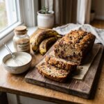A professional, appetizing food photograph of a freshly baked, sliced vegan banana bread resting on a rustic wooden cutting board. The bread has a beautiful golden-brown crust and a moist, tender interior studded with dark chocolate chips and chopped walnuts. Surrounding the bread are key ingredients: a small bowl of aquafaba with a wire whisk, a jar of flaxseed meal, and speckled, overripe bananas. The scene is warmly lit by natural window light, highlighting the rich textures and cozy, bakery-style atmosphere.