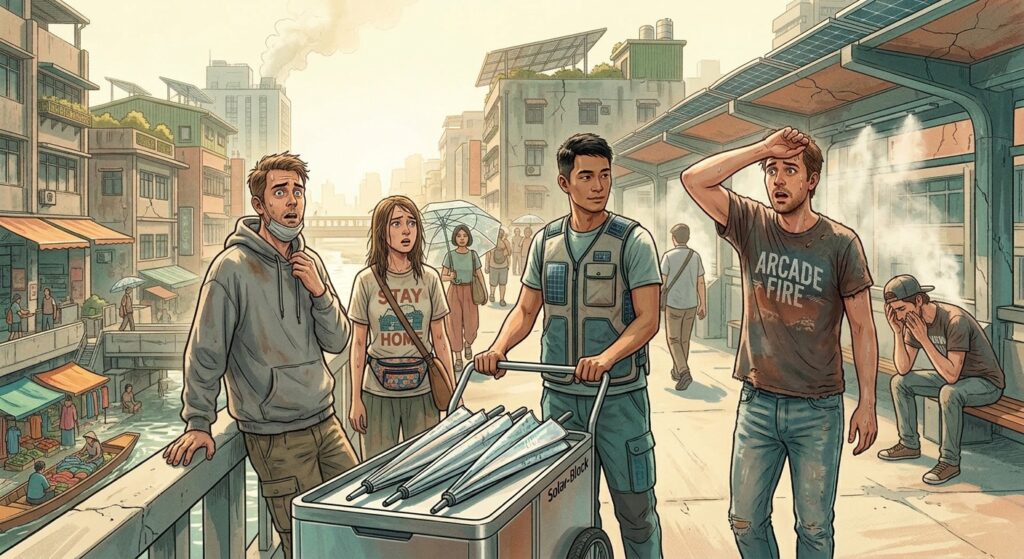 Illustration of a future heat-stricken Taipei street with flooded lower levels, misting cooling stations, and four overheated people gathered around a cart of silver parasols, while one man in a cooling vest looks calm and others appear shocked or exhausted.