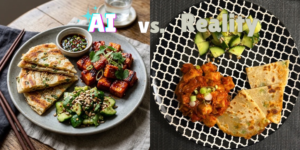 Side-by-side comparison labeled “AI vs. Reality,” showing an idealized plated meal with scallion pancakes, glazed tofu, cucumber salad, and dipping sauce on the left, and a simpler homemade version of the same dish on a patterned plate on the right.