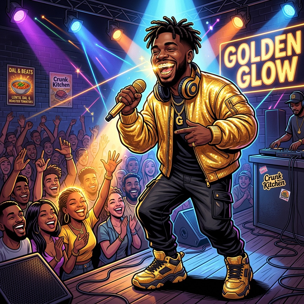 A comic-style illustration of crunk rapper Golden Glow on stage, smiling broadly to reveal golden braces, wearing a glittering gold bomber jacket and matching sneakers. He holds a microphone under colorful stage lights as a joyful crowd cheers. A neon "Golden Glow" sign glows in the background, with a small "Dal & Beats – Lentil Dal & Roasted Tomatoes" poster visible on the wall and a "Crunk Kitchen" sticker on the DJ booth.